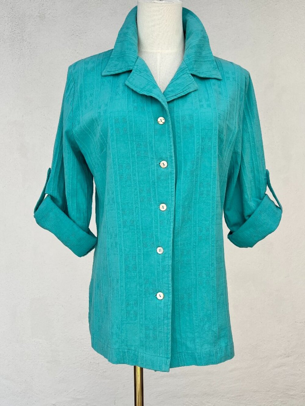 Weekend Traffic Vintage Y2K Resort Wear 100% Cotton Shell Buttons Aqua Shirt (S)